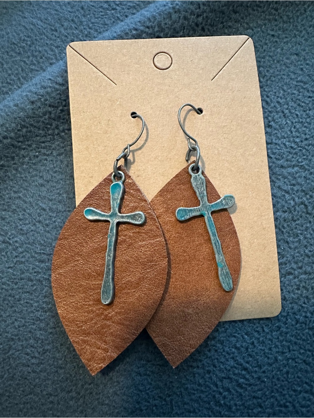 Montana silversmith Brown Leather Teardrop Earrings with Crosses